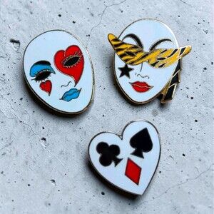 Vintage 80s Enamel Pin Set 3 Face Mask Playing Card Heart Gift Creations Taiwan